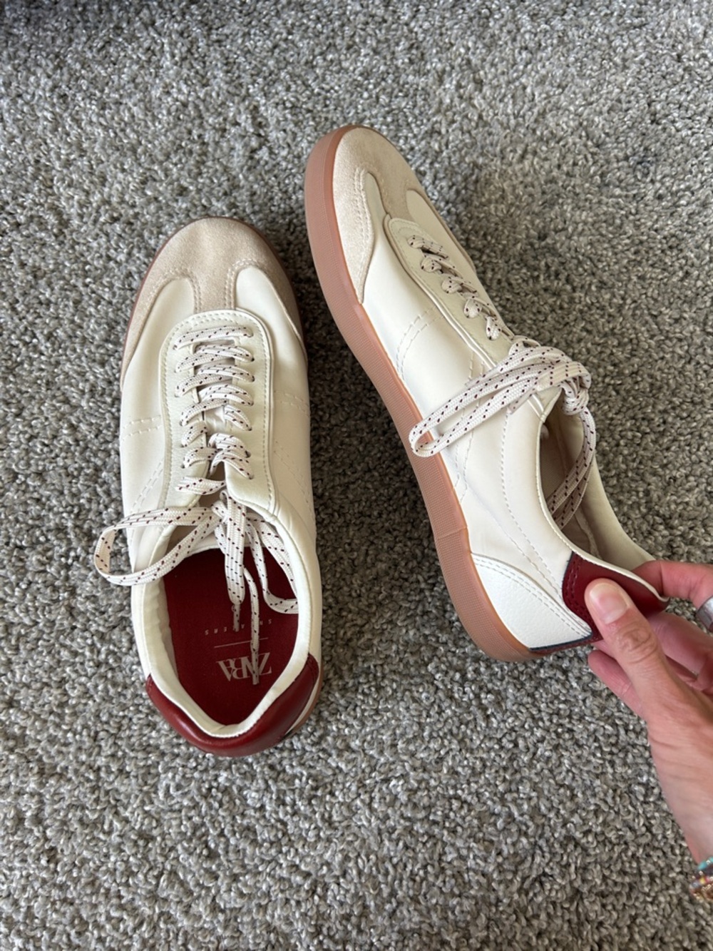 Zara Cream Leather Sneakers with Red Heel and Gum Sole